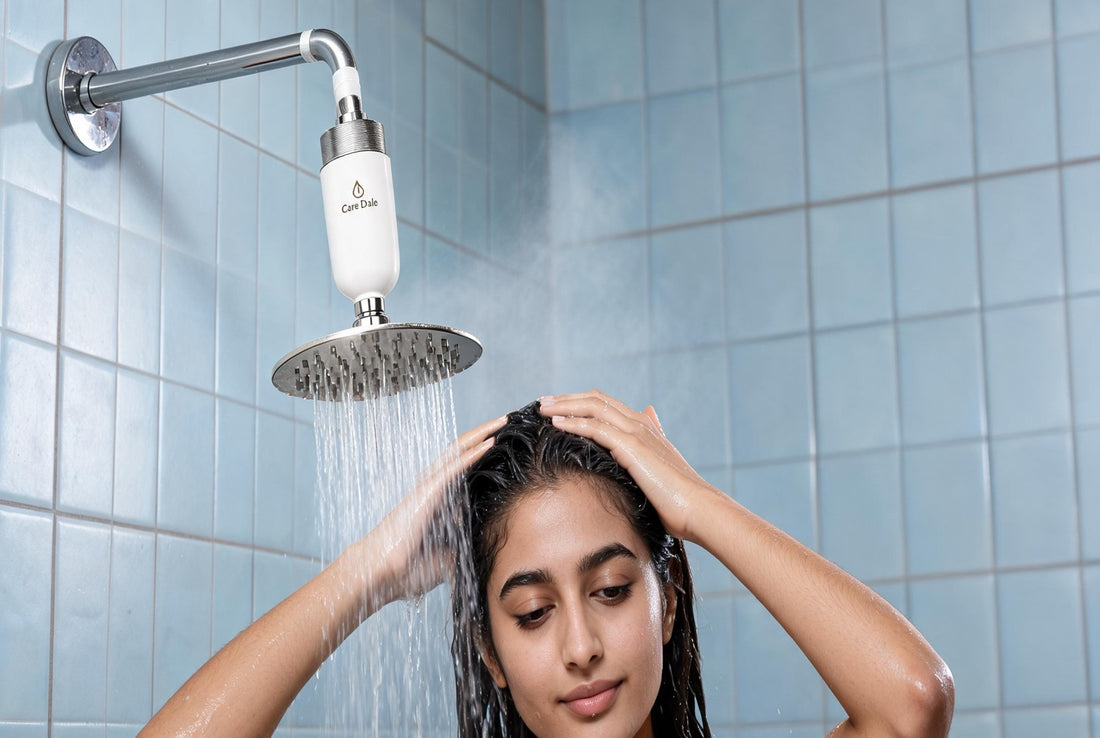 Woman smoothing wet hair back under a shower with the Care Dale filter above the showerhead