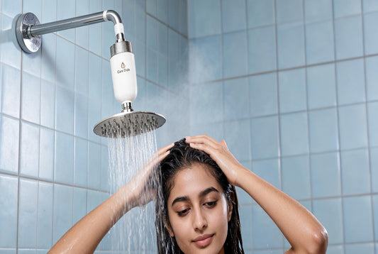 Woman smoothing wet hair back under a shower with the Care Dale filter above the showerhead