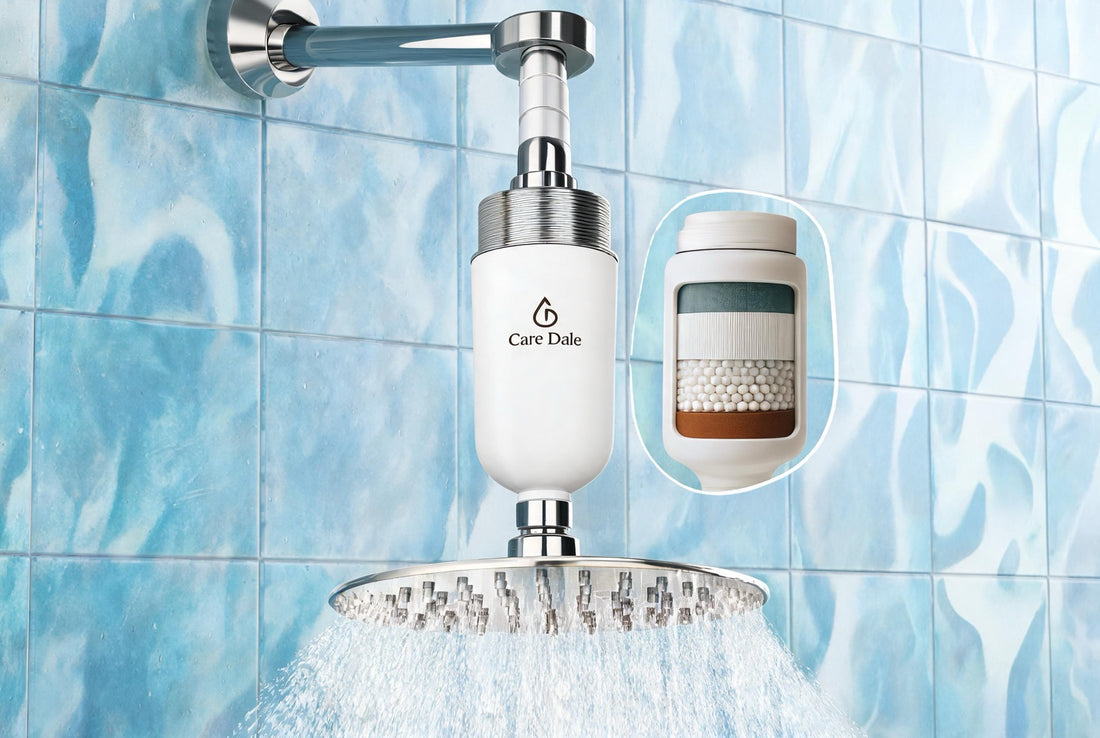 Care Dale shower filter with its layered cartridge cutaway, compared with Ionix for hard-water hair and skin