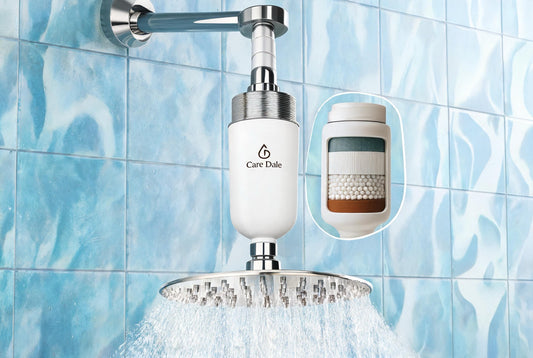 Care Dale shower filter with its layered cartridge cutaway, compared with Ionix for hard-water hair and skin