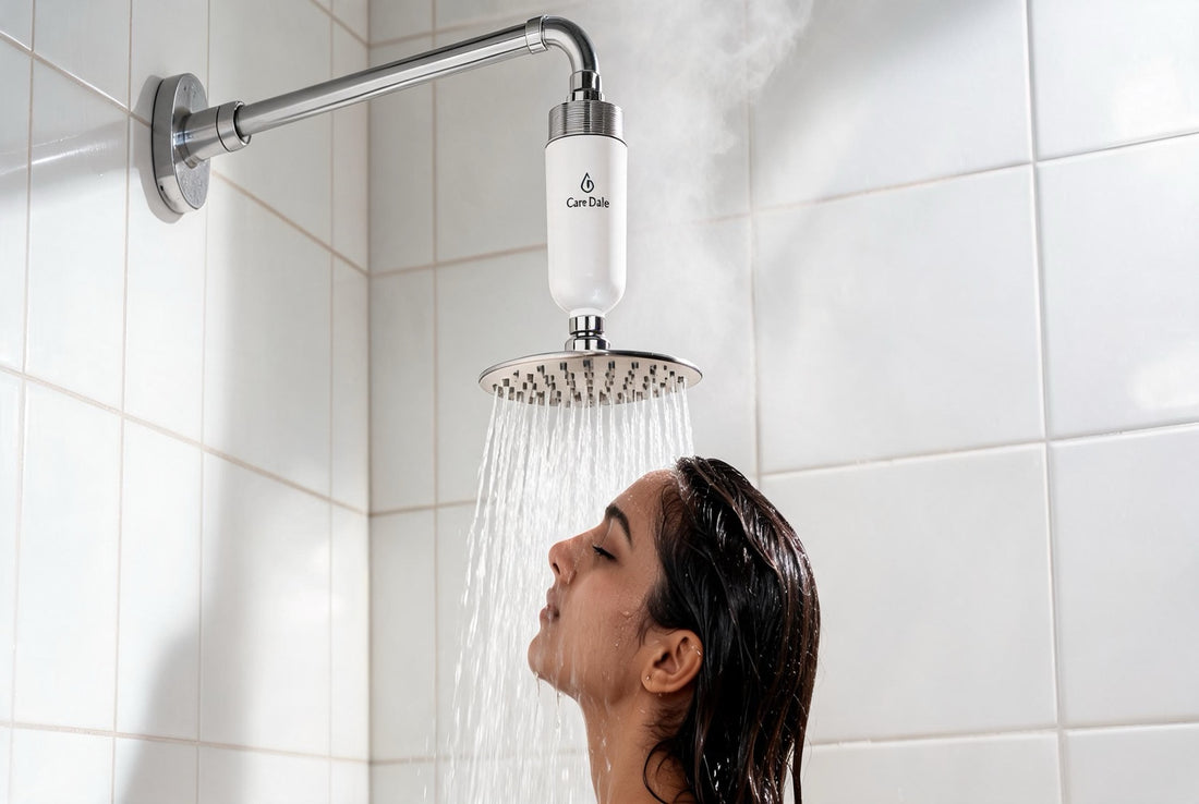 Woman with head tilted back under a shower fitted with the compact Care Dale filter