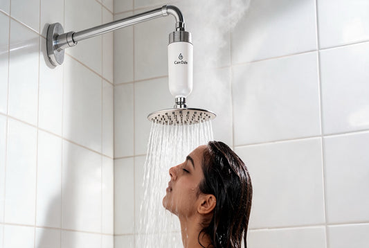 Woman with head tilted back under a shower fitted with the compact Care Dale filter