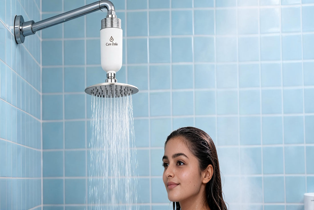 Woman smiling under filtered shower water, Care Dale filter fitted above the showerhead