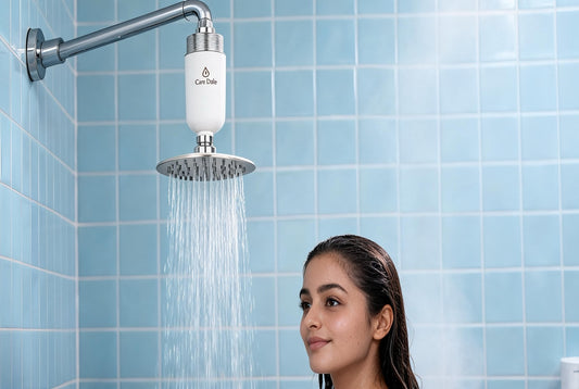 Woman smiling under filtered shower water, Care Dale filter fitted above the showerhead