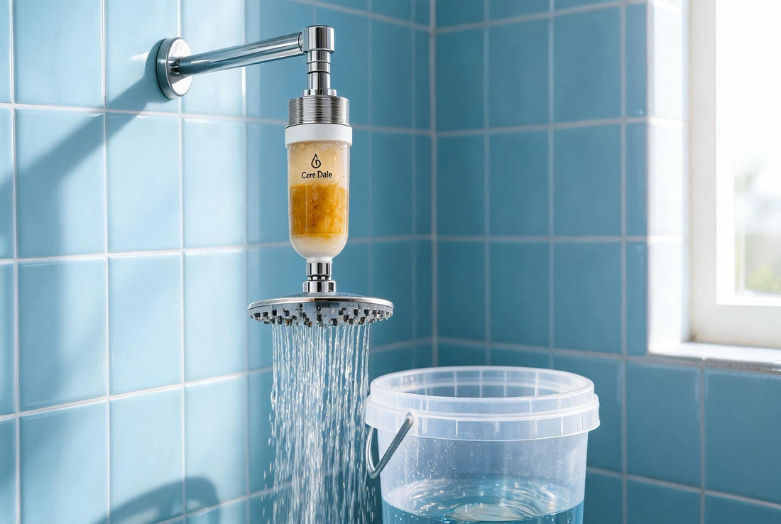 Care Dale shower filter with translucent housing showing cartridge load level alongside diagnostic flow-rate check using bucket and stopwatch for Indian bathroom troubleshooting
