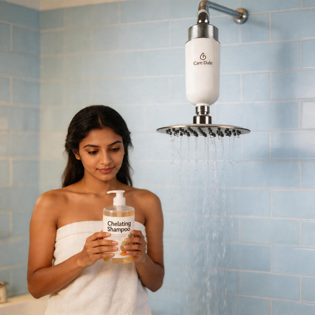Indian woman holding chelating shampoo bottle next to Care Dale shower filter with water flowing from rain showerhead