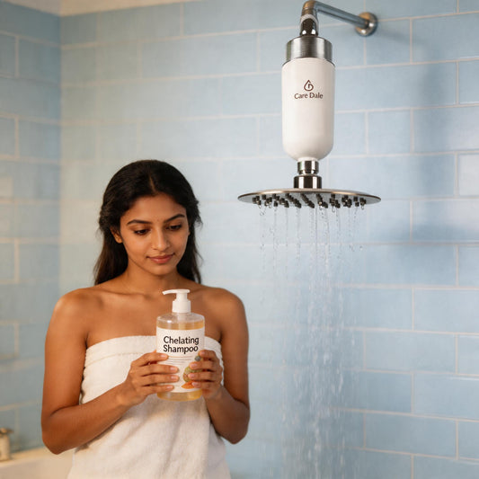 Indian woman holding chelating shampoo bottle next to Care Dale shower filter with water flowing from rain showerhead