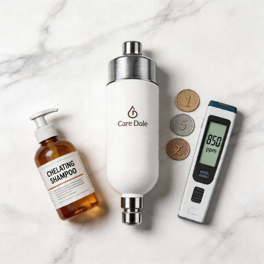 Care Dale shower filter next to chelating shampoo bottle TDS meter showing 850 ppm and Indian rupee coins on marble surface