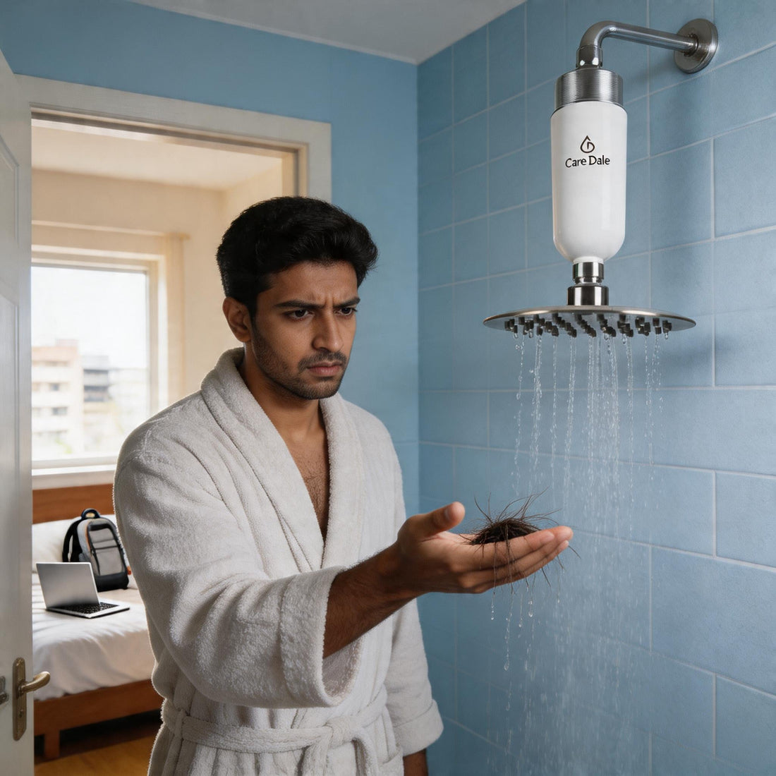 Indian IT professional in bathrobe holding hair fall under Care Dale shower filter in Whitefield Bangalore apartment