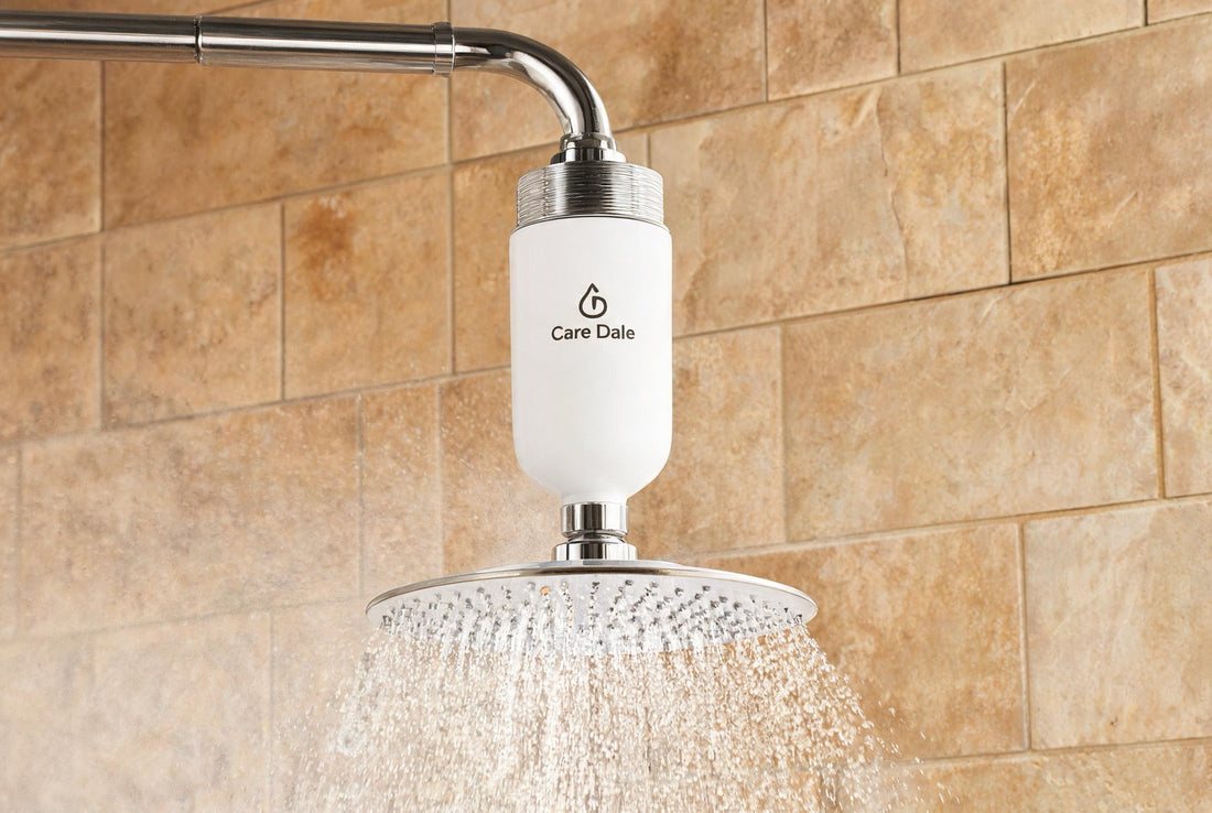 Care Dale shower filter in a Delhi bathroom, cutting hard groundwater that worsens hair fall and dry skin