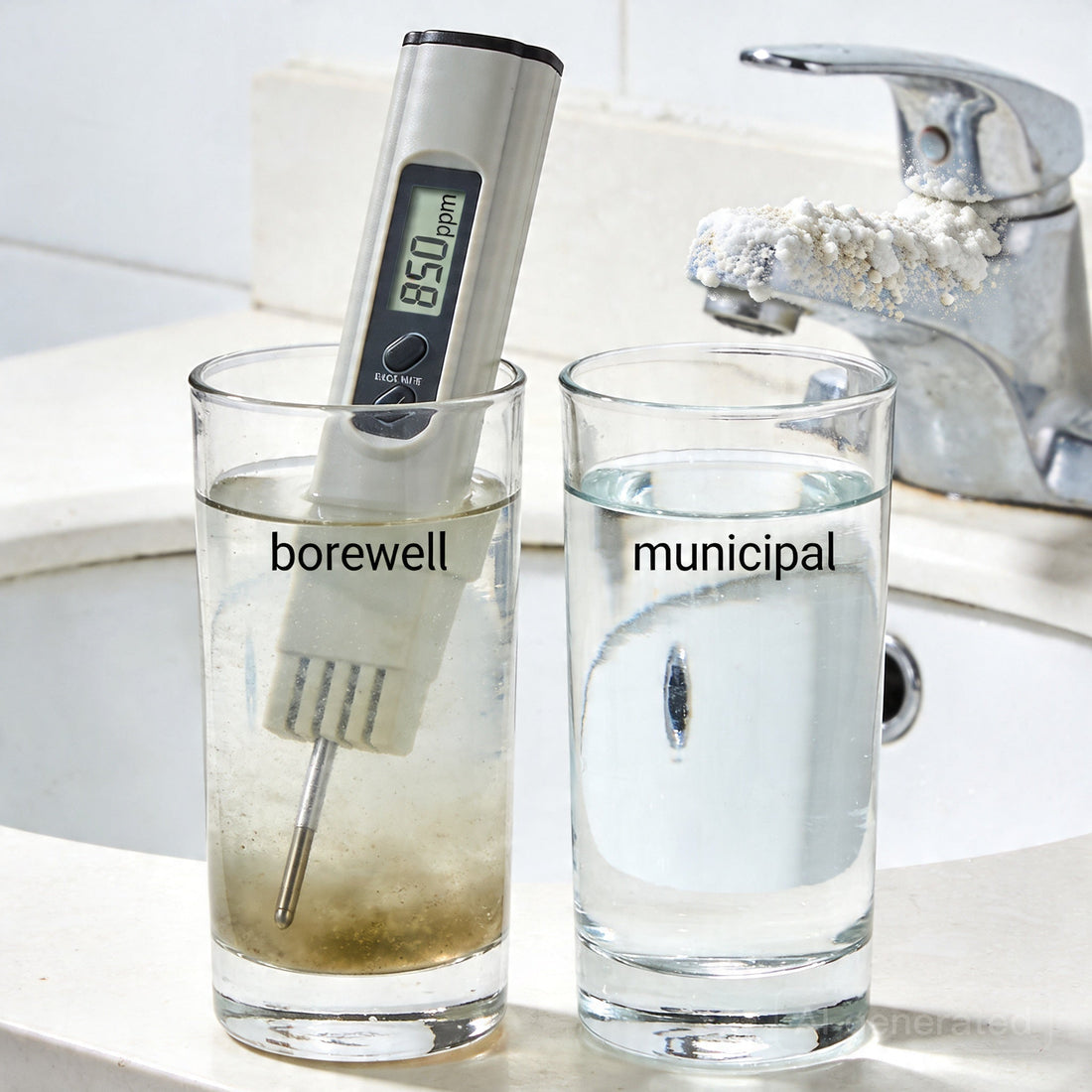 TDS meter reading 850 ppm in murky borewell water glass next to clear municipal water glass with limescale on tap