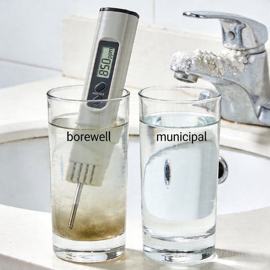 TDS meter reading 850 ppm in murky borewell water glass next to clear municipal water glass with limescale on tap
