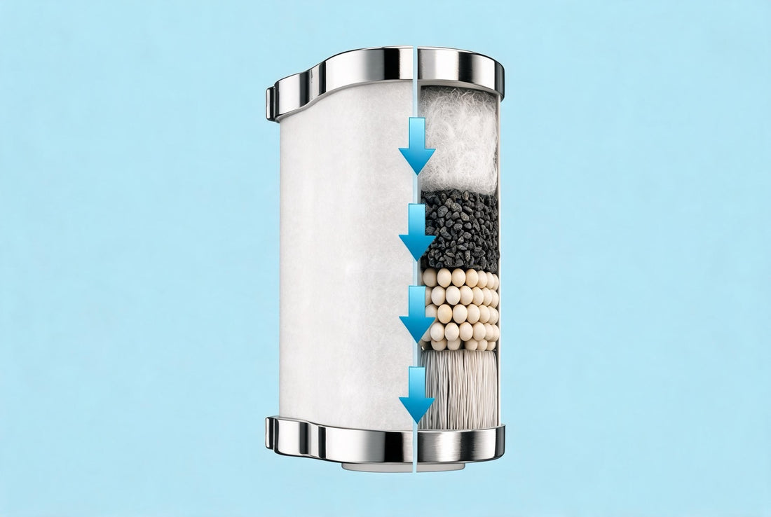 Cutaway diagram of a Care Dale 3-layer shower filter showing the nano-thread Pre-Filtration Layer, CareTec™ Ultra Filtration Technology, and Chlorine & Impurities Removal Layer