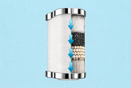 Cutaway diagram of a Care Dale 3-layer shower filter showing the nano-thread Pre-Filtration Layer, CareTec™ Ultra Filtration Technology, and Chlorine & Impurities Removal Layer