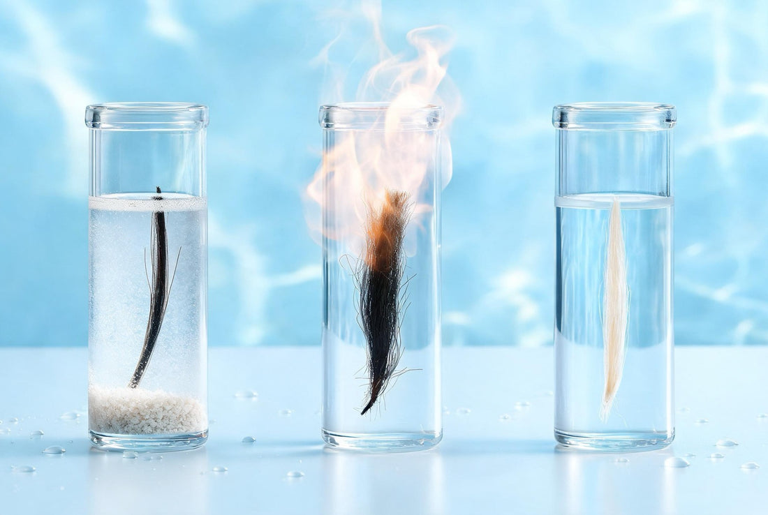 Three lab vials with hair strands - hard water minerals, heat and chemical damage compared (Care Dale)