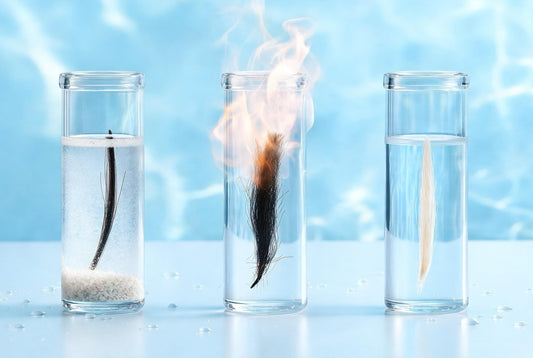 Three lab vials with hair strands - hard water minerals, heat and chemical damage compared (Care Dale)
