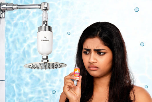 A vitamin-C shower filter and a magnetic descaler device beside a running shower, testing hard-water gadget claims