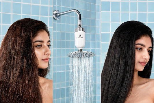 Care Dale shower filter in an Indore bathroom, softening hard borewell water for healthier hair and skin