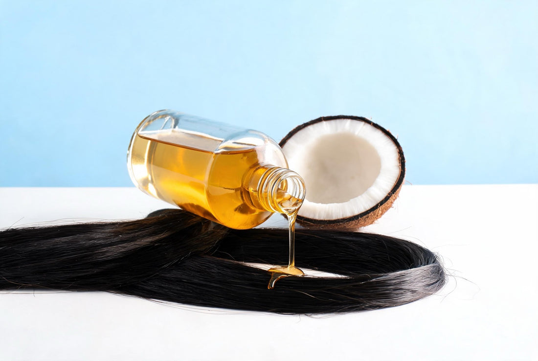 Hair oil pouring onto dark hair beside a halved coconut, illustrating pre-wash oiling for hard-water hair