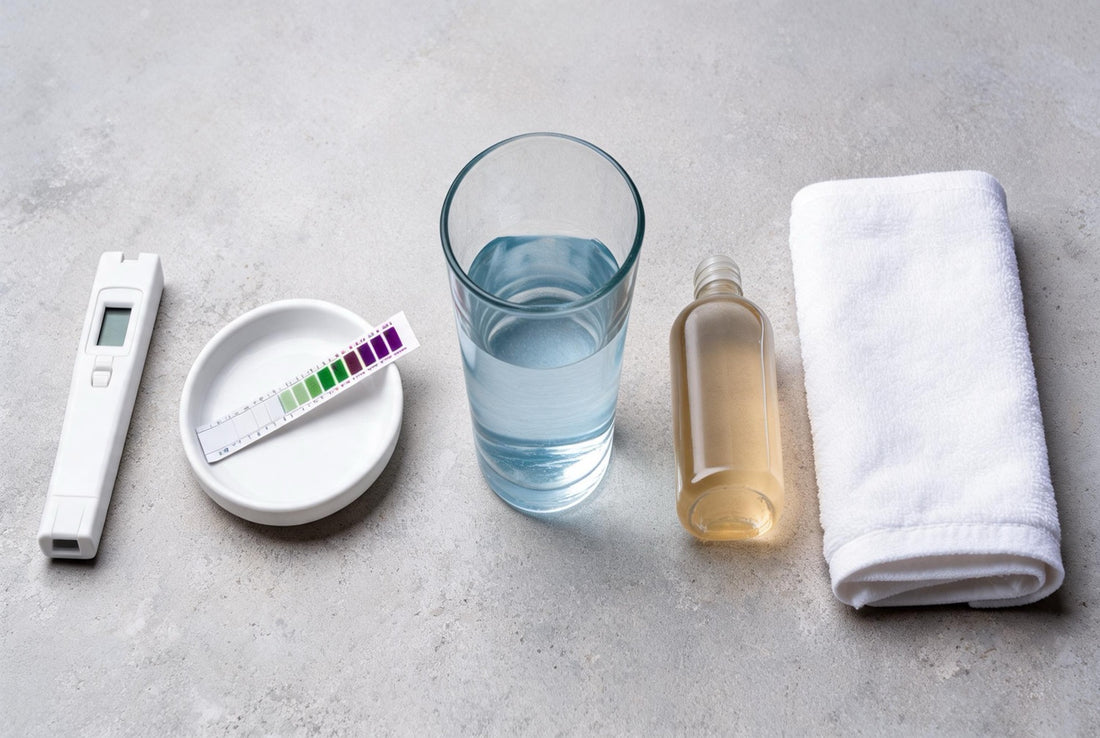 A clear glass of water on a marble counter next to a stainless steel kettle with thick white limescale crust inside — visible evidence of hard water in an Indian kitchen.