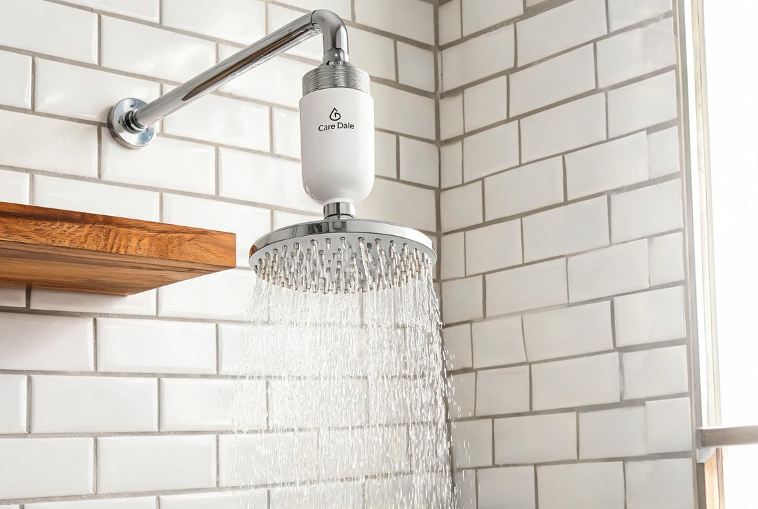Care Dale shower filter in a Pune bathroom, softening hard borewell water for healthier hair and skin