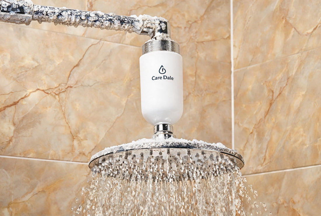 Care Dale shower filter on a scaled Noida shower, reducing very hard groundwater behind hair fall and dry skin