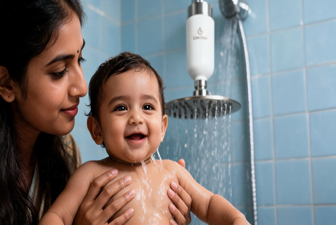 Indian infant being bathed with filtered shower water from a Care Dale ultrafiltration filter, showing how filter-at-source protects sensitive baby skin from chlorine and hard water