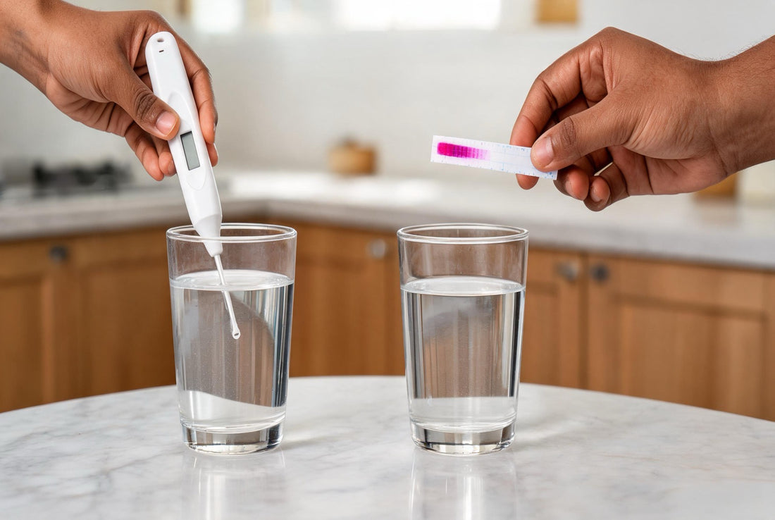 Two hands testing tap water side by side — one dipping a TDS pen meter into a glass, the other holding up a pink-purple hardness test strip just after dipping.