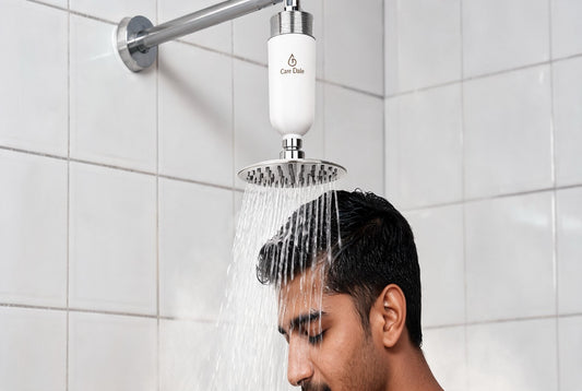 Man showering beneath a compact Care Dale filter fitted above the showerhead