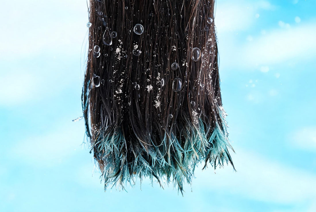Dark hair with white mineral flecks and dry chlorine-tinted ends - hard water and chlorine damage (Care Dale)