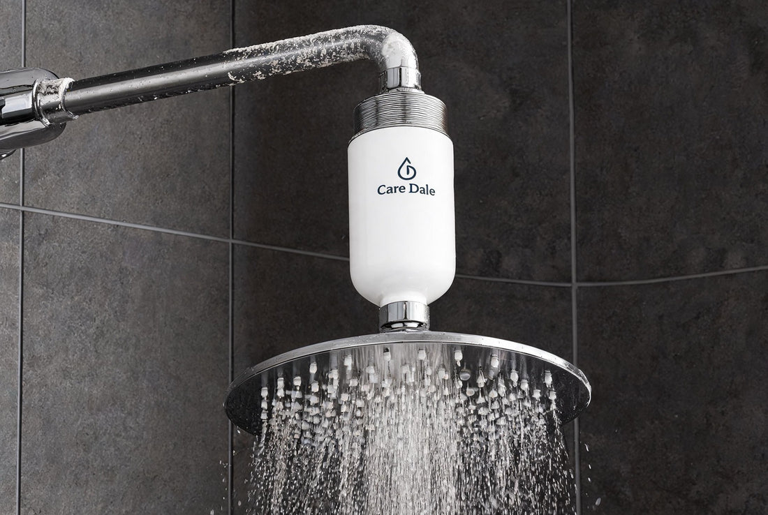 Care Dale shower filter on a scaled Hyderabad shower, softening hard borewell water behind hair fall and dry skin