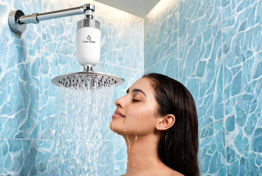 Care Dale shower filter with calm facial skin, softening hard water that can trigger rosacea flushing and redness