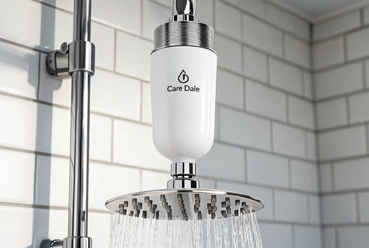 Care Dale shower filter fitted inline above a round showerhead in a bright tiled bathroom