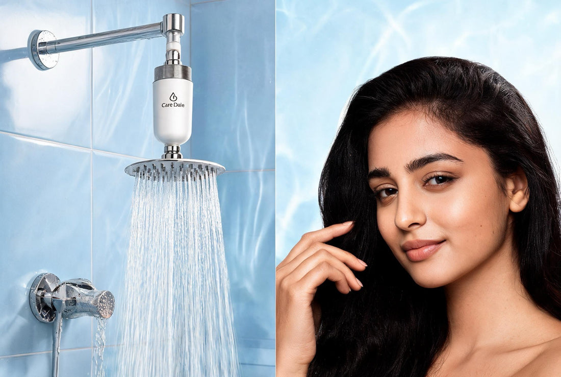 Care Dale shower filter in a Lucknow bathroom, softening hard groundwater for healthier hair and skin