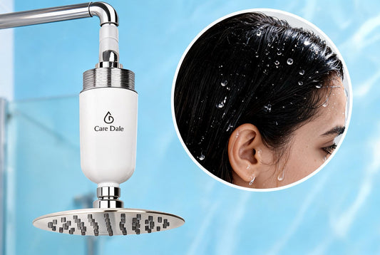 Care Dale shower filter above a showerhead beside wet dark hair - softer water for a calmer scalp
