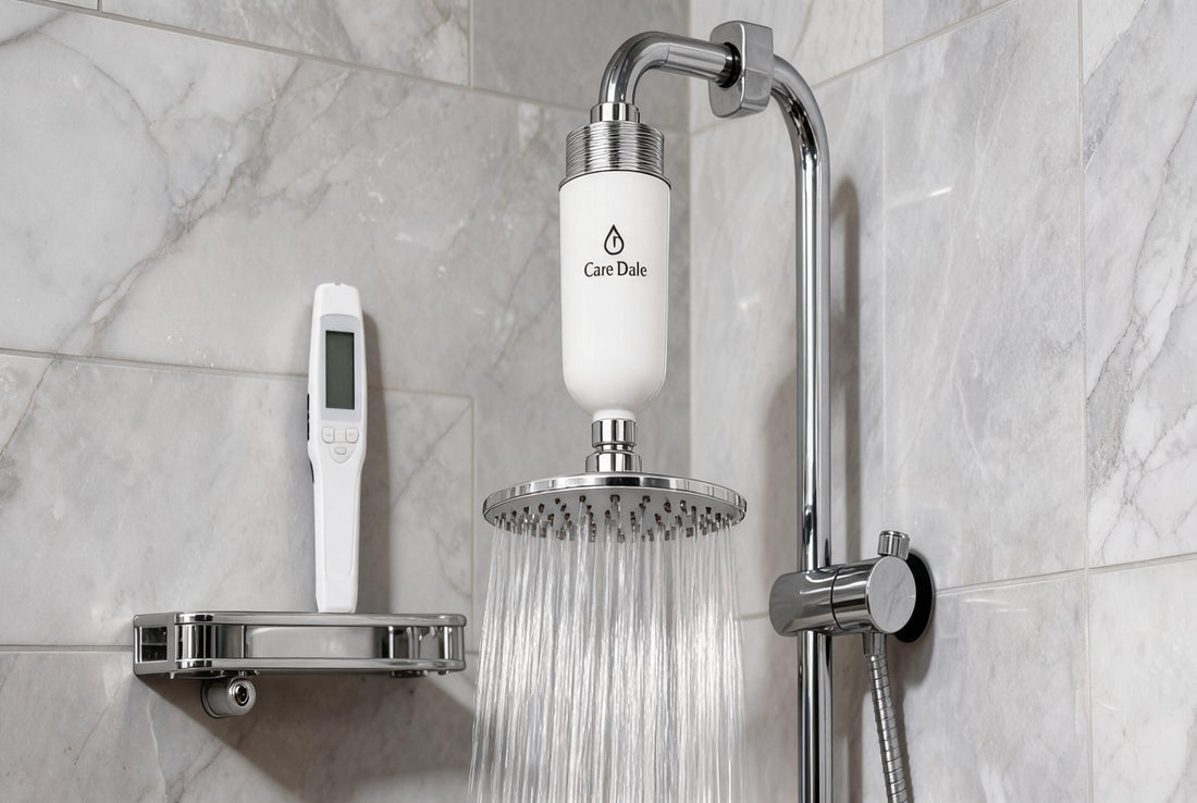 Close-up of a chrome showerhead and bathroom tap heavily encrusted with white limescale — a classic visible symptom of hard water in Indian homes.