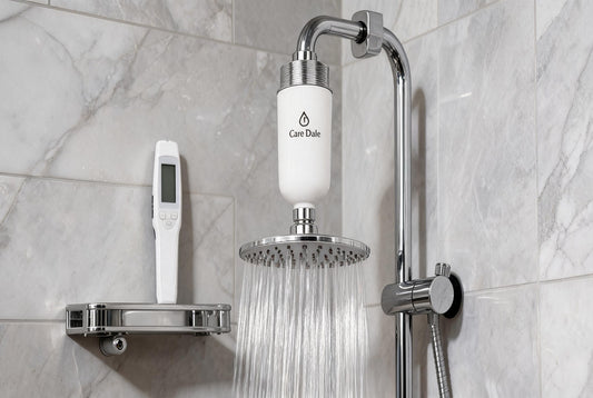 Close-up of a chrome showerhead and bathroom tap heavily encrusted with white limescale — a classic visible symptom of hard water in Indian homes.
