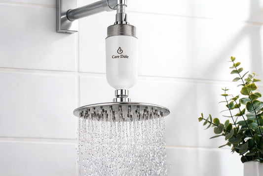 Care Dale shower filter with calm, healthy skin and hair, reducing hard-water flares on psoriasis-prone scalp