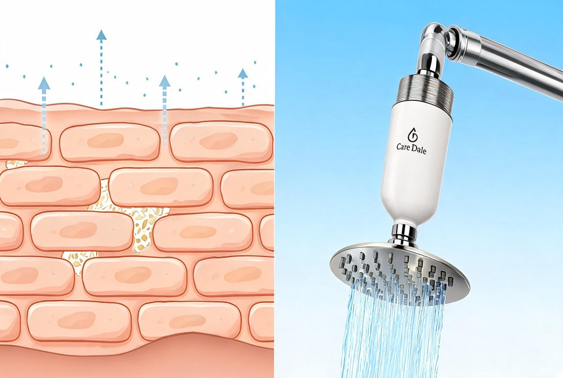 Cross-section of skin barrier showing transepidermal water loss caused by hard water and chlorine, with a Care Dale shower filter restoring water profile