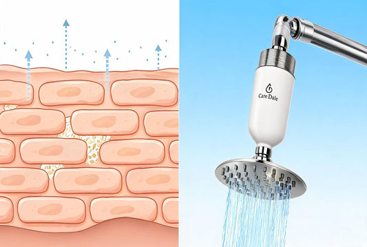 Cross-section of skin barrier showing transepidermal water loss caused by hard water and chlorine, with a Care Dale shower filter restoring water profile