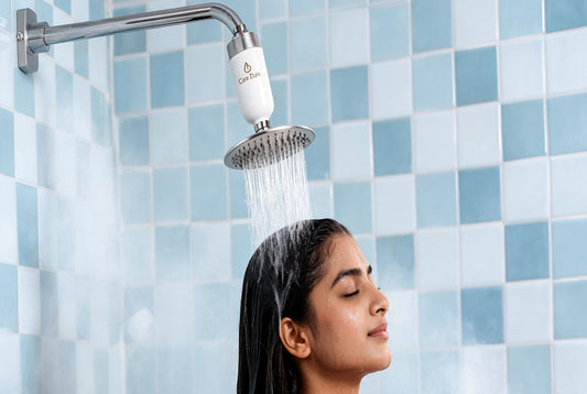 Water sheeting through a woman's hair under a shower with the Care Dale filter fitted inline