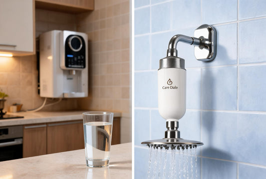 Side-by-side of an RO purifier at a kitchen tap and a Care Dale shower filter at the showerhead, showing drinking versus bathing water in an Indian home