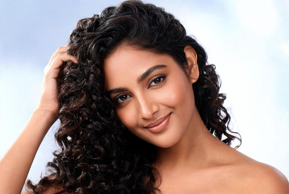 Indian woman with healthy, well-defined natural curls, the bouncy curl definition that hard water tends to flatten and frizz in India