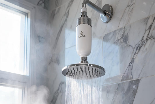 Care Dale shower filter installed on a rainfall showerhead in a premium marble bathroom - the best shower filter for hard water in India 2026.