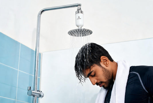 A gym-goer washing hair in the shower, illustrating daily hair washing in hard water