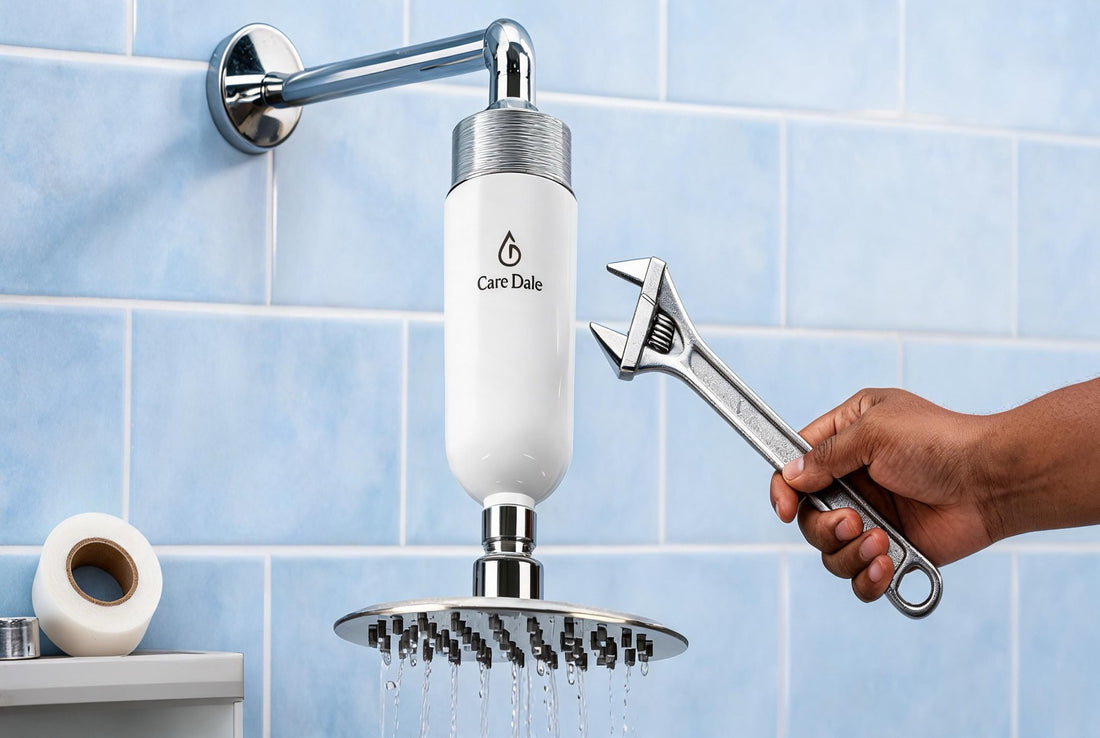 Step-by-step installation of a Care Dale shower filter on a standard Indian G½ inch shower arm with chrome connectors