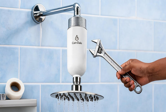 Step-by-step installation of a Care Dale shower filter on a standard Indian G½ inch shower arm with chrome connectors