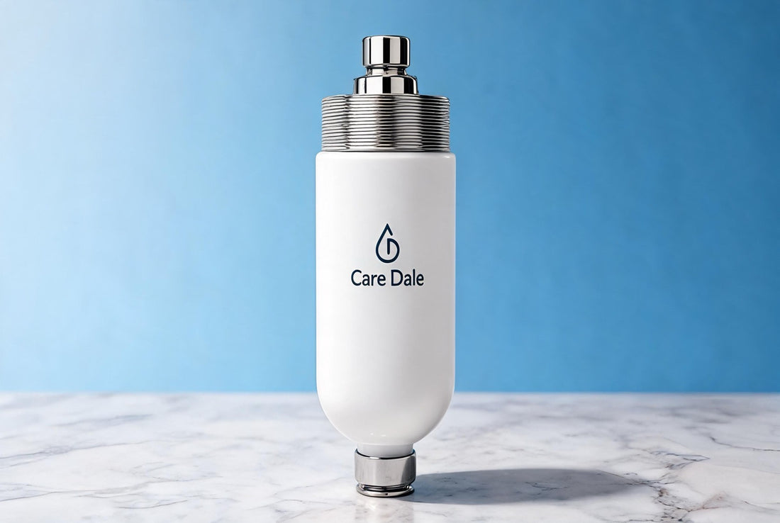 Care Dale white cylindrical shower filter on a marble surface against a light blue backdrop - the best shower filter under Rs 2000 in India.