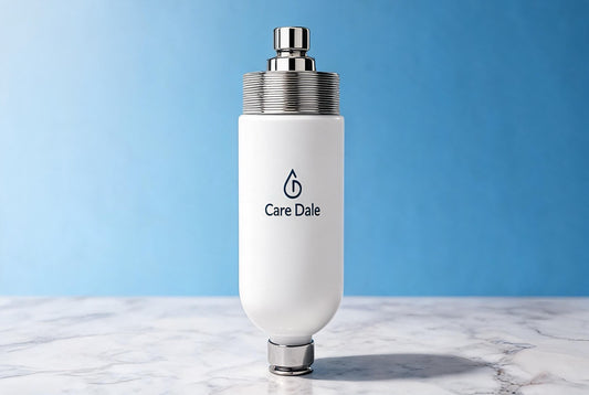 Care Dale white cylindrical shower filter on a marble surface against a light blue backdrop - the best shower filter under Rs 2000 in India.