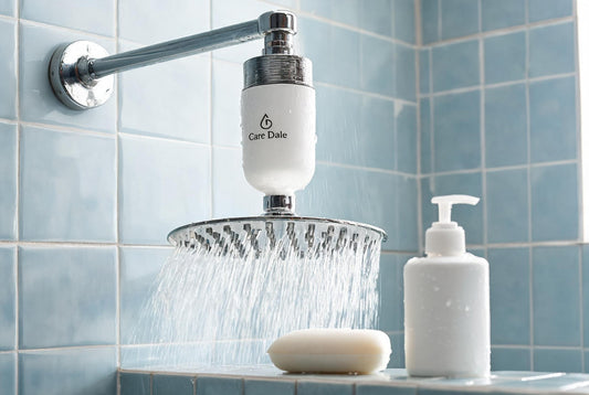 Care Dale shower filter above a showerhead, with a soap bar and body wash bottle on the tiled ledge